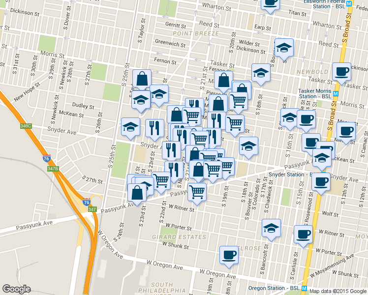 map of restaurants, bars, coffee shops, grocery stores, and more near 2116 South 21st Street in Philadelphia