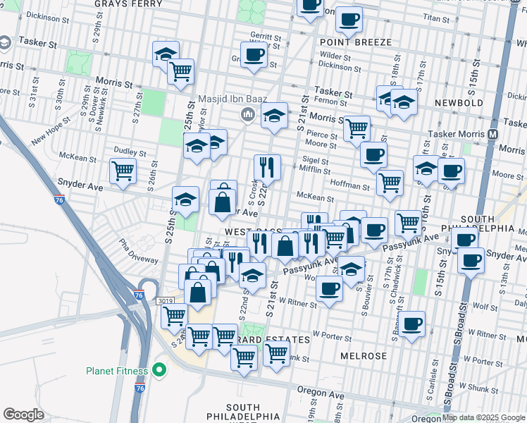 map of restaurants, bars, coffee shops, grocery stores, and more near in Philadelphia