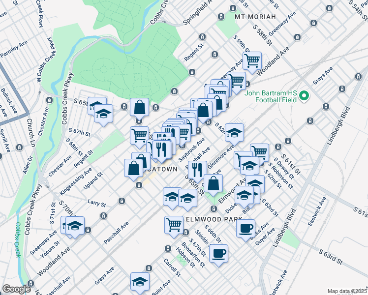 map of restaurants, bars, coffee shops, grocery stores, and more near 6409 Paschall Avenue in Philadelphia