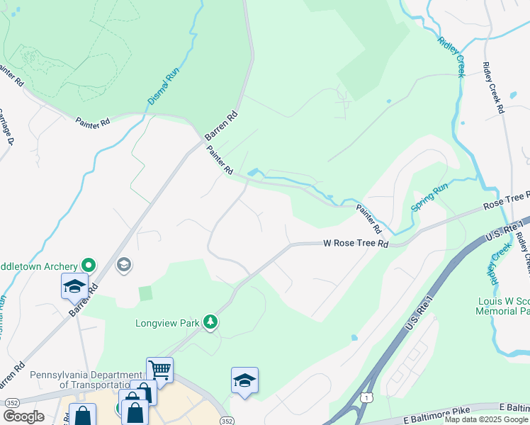 map of restaurants, bars, coffee shops, grocery stores, and more near 127 Powder Horn Lane in Media