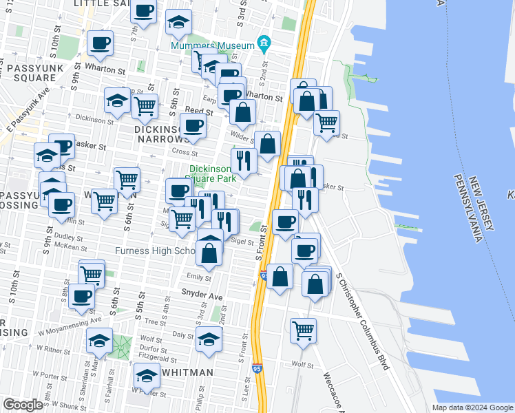map of restaurants, bars, coffee shops, grocery stores, and more near 113 Watkins Street in Philadelphia
