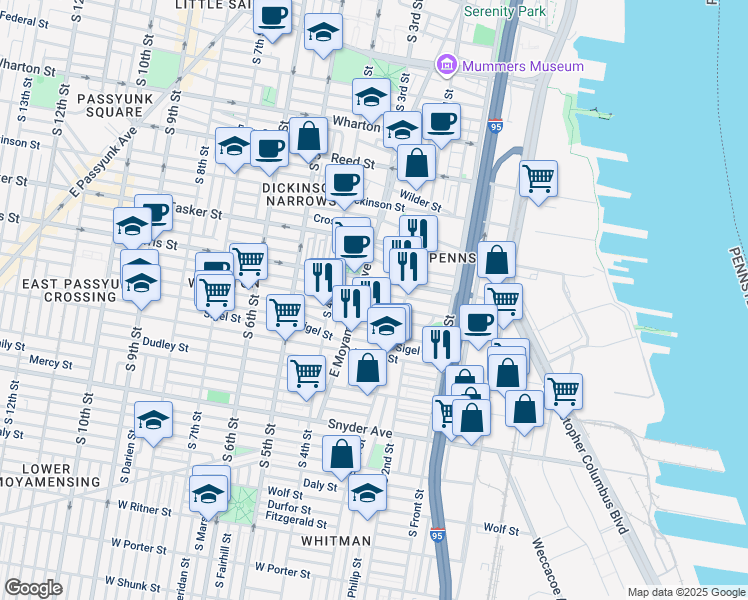 map of restaurants, bars, coffee shops, grocery stores, and more near 229 Pierce Street in Philadelphia