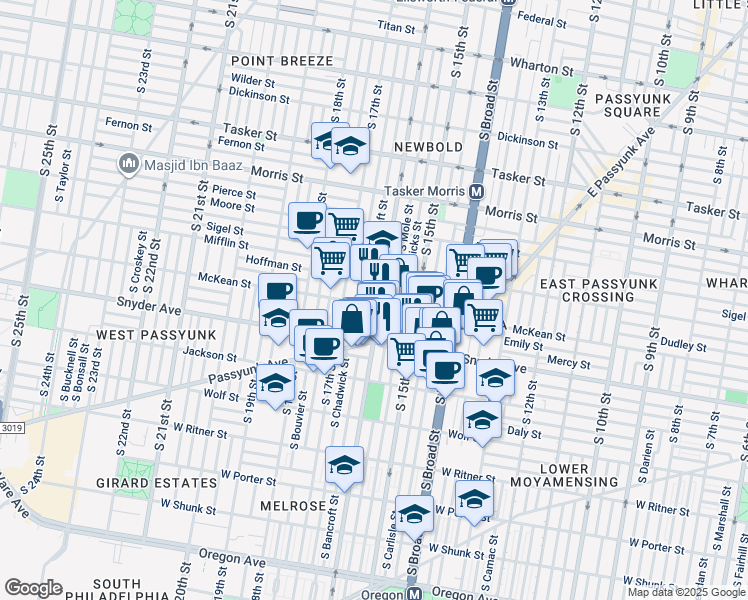 map of restaurants, bars, coffee shops, grocery stores, and more near 1607 McKean Street in Philadelphia
