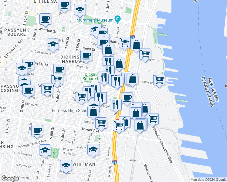 map of restaurants, bars, coffee shops, grocery stores, and more near 123 Watkins Street in Philadelphia