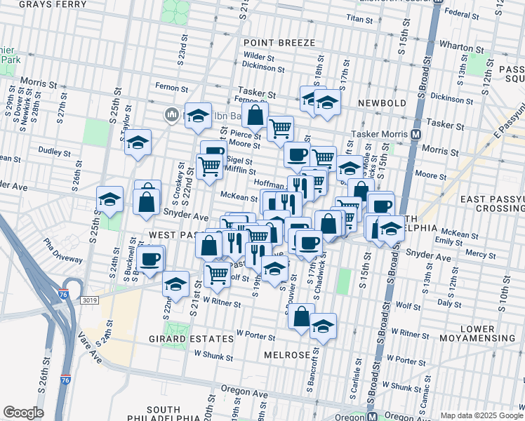 map of restaurants, bars, coffee shops, grocery stores, and more near 2019 South Garnet Street in Philadelphia