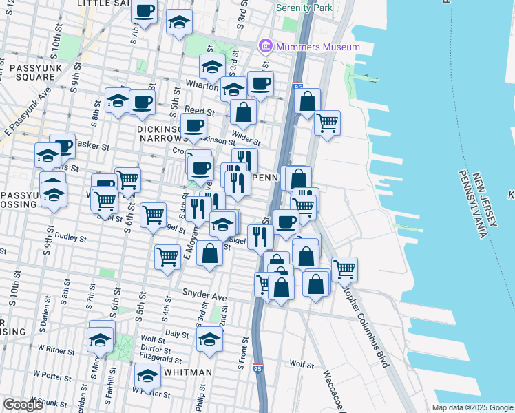 map of restaurants, bars, coffee shops, grocery stores, and more near 115 Watkins Street in Philadelphia
