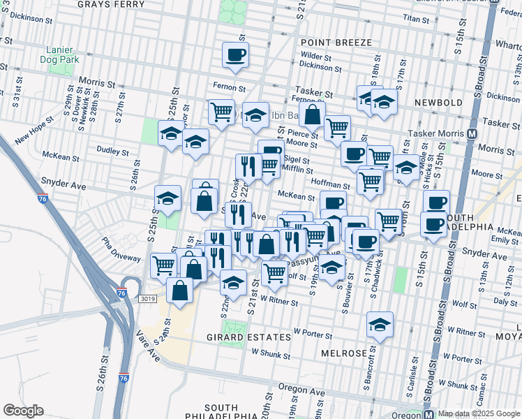 map of restaurants, bars, coffee shops, grocery stores, and more near 2043 South Norwood Street in Philadelphia