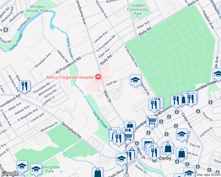map of restaurants, bars, coffee shops, grocery stores, and more near 15 Branford Road in Darby