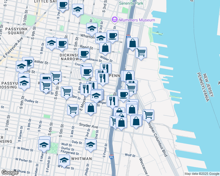 map of restaurants, bars, coffee shops, grocery stores, and more near 123 Watkins Street in Philadelphia