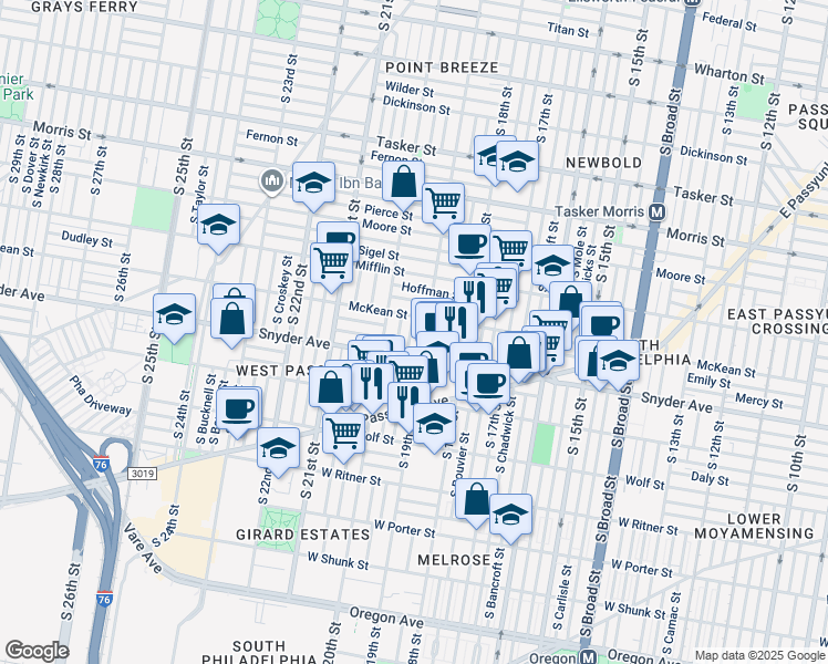 map of restaurants, bars, coffee shops, grocery stores, and more near 2019 South Garnet Street in Philadelphia