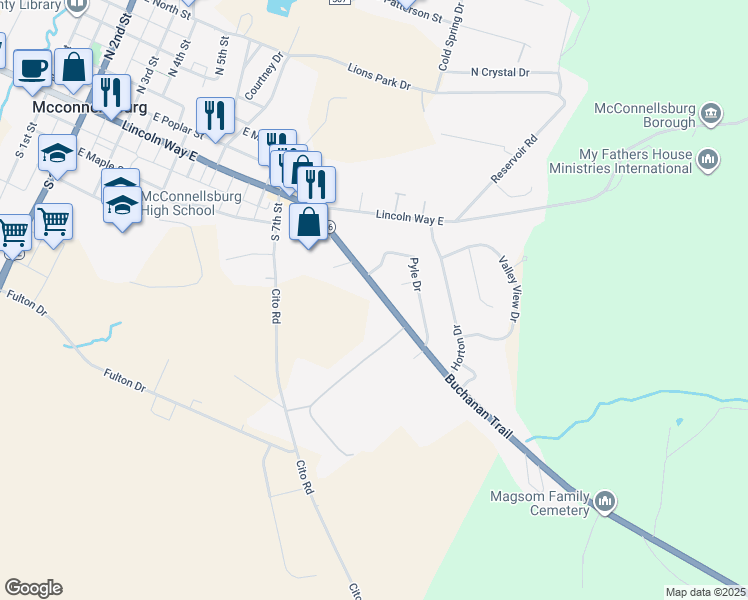 map of restaurants, bars, coffee shops, grocery stores, and more near 354 Buchanan Trail in McConnellsburg