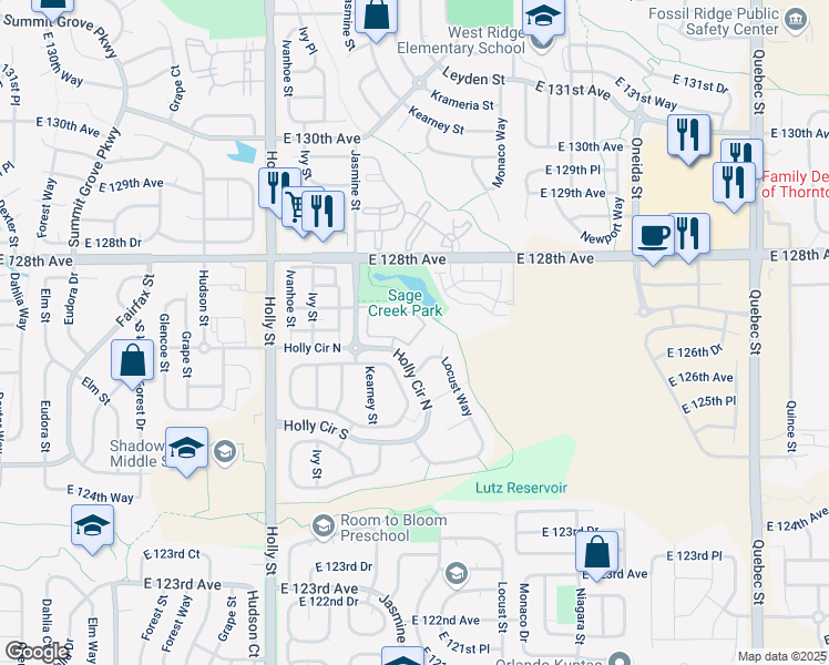 map of restaurants, bars, coffee shops, grocery stores, and more near 12760 Jasmine Street in Thornton