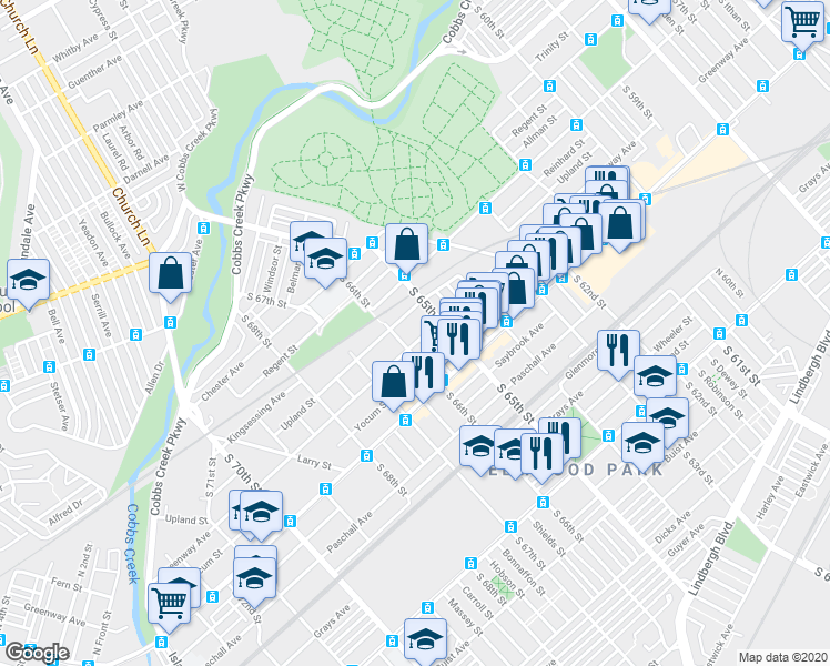 map of restaurants, bars, coffee shops, grocery stores, and more near 6535 Greenway Avenue in Philadelphia