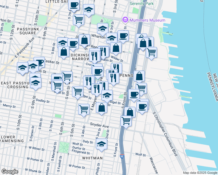 map of restaurants, bars, coffee shops, grocery stores, and more near 210 Watkins Street in Philadelphia