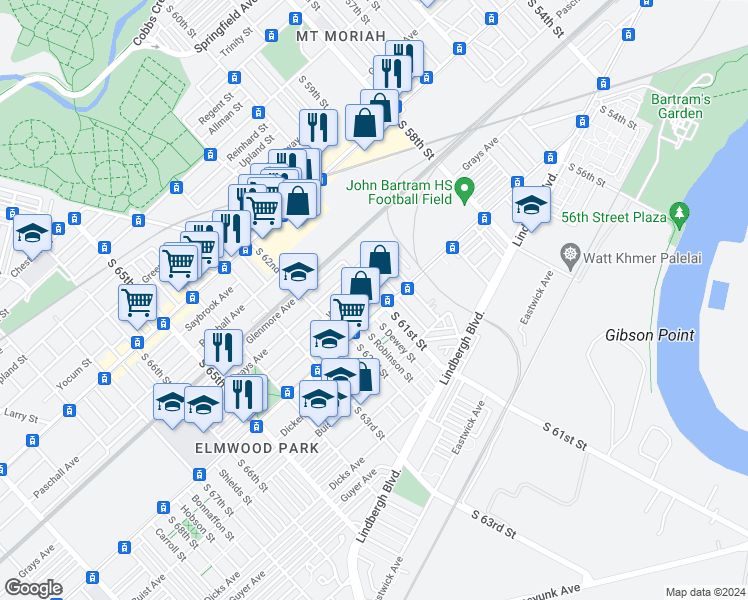 map of restaurants, bars, coffee shops, grocery stores, and more near 6102 Reedland Street in Philadelphia