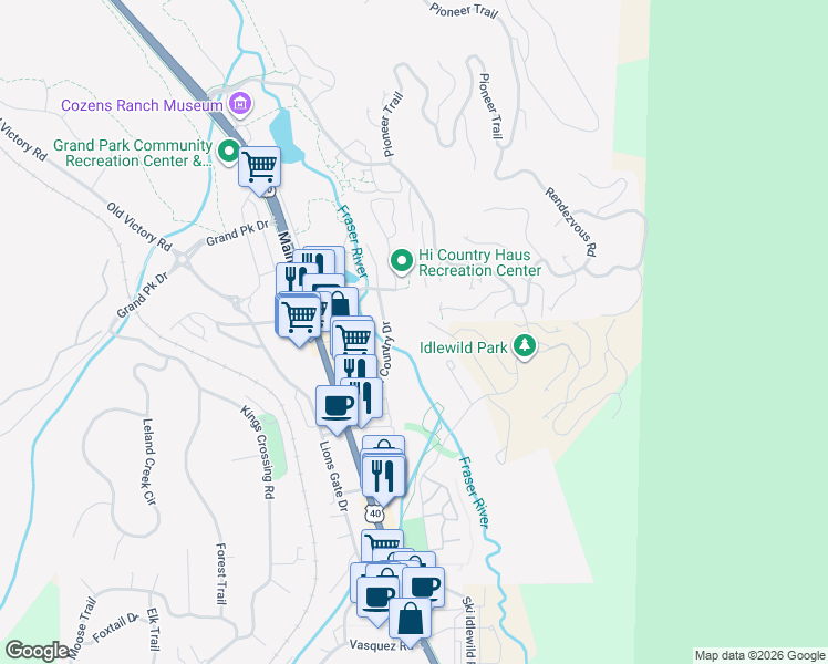 map of restaurants, bars, coffee shops, grocery stores, and more near 375 Ski Idlewild Road in Winter Park