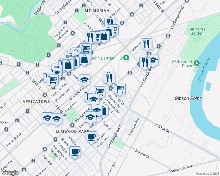 map of restaurants, bars, coffee shops, grocery stores, and more near 6053 Elmwood Avenue in Philadelphia