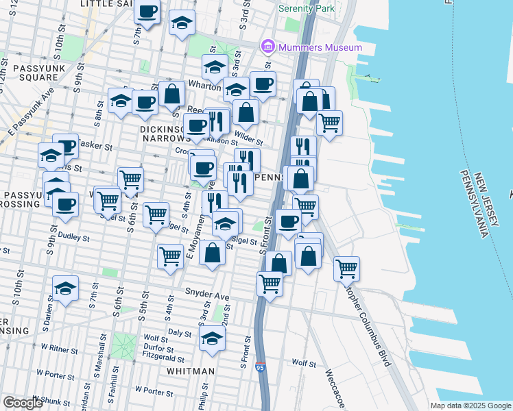 map of restaurants, bars, coffee shops, grocery stores, and more near 125 Watkins Street in Philadelphia