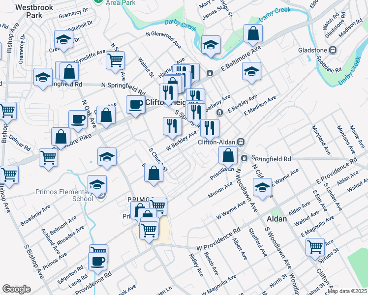 map of restaurants, bars, coffee shops, grocery stores, and more near 85 West Madison Avenue in Clifton Heights