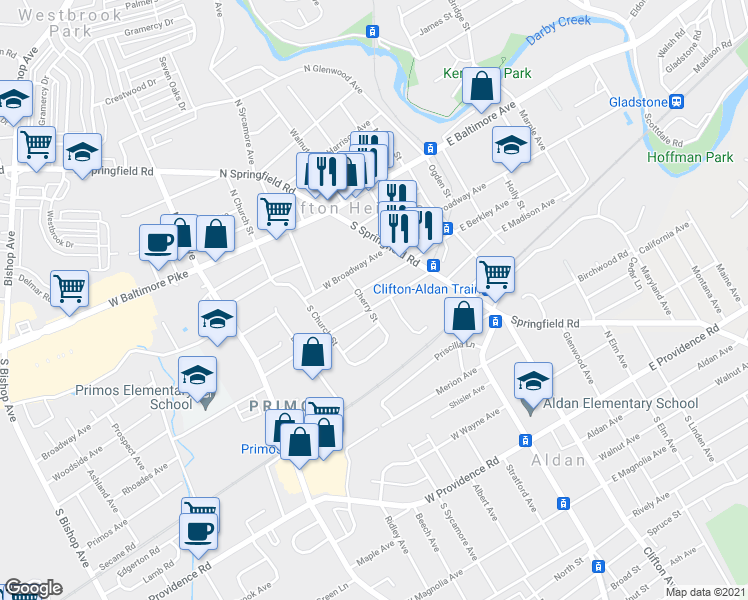 map of restaurants, bars, coffee shops, grocery stores, and more near 85 West Madison Avenue in Clifton Heights