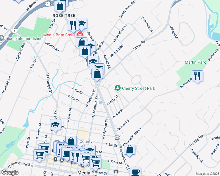 map of restaurants, bars, coffee shops, grocery stores, and more near 713 Summer Street in Media