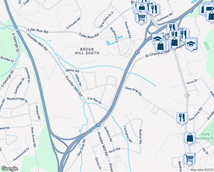 map of restaurants, bars, coffee shops, grocery stores, and more near 15 Deerfield Lane in York