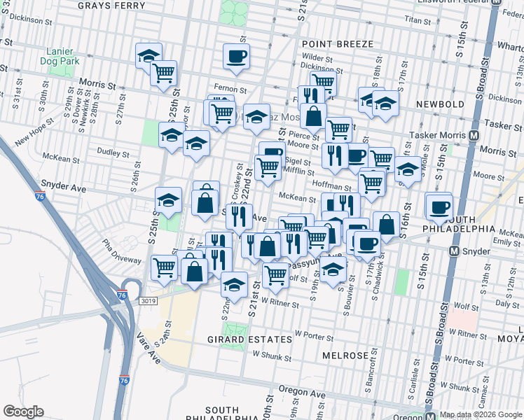 map of restaurants, bars, coffee shops, grocery stores, and more near in Philadelphia