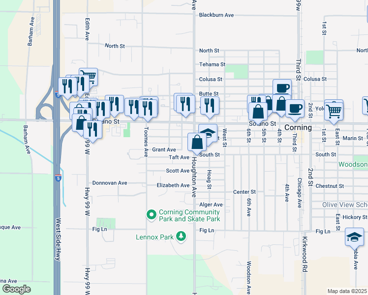 map of restaurants, bars, coffee shops, grocery stores, and more near 977 Fairview Avenue in Corning