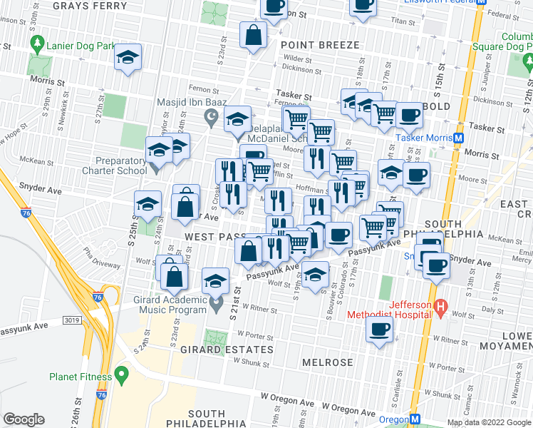 map of restaurants, bars, coffee shops, grocery stores, and more near 2035 Mercy Street in Philadelphia