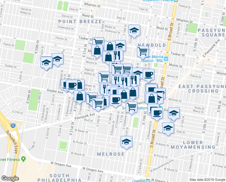map of restaurants, bars, coffee shops, grocery stores, and more near 2002 South 18th Street in Philadelphia