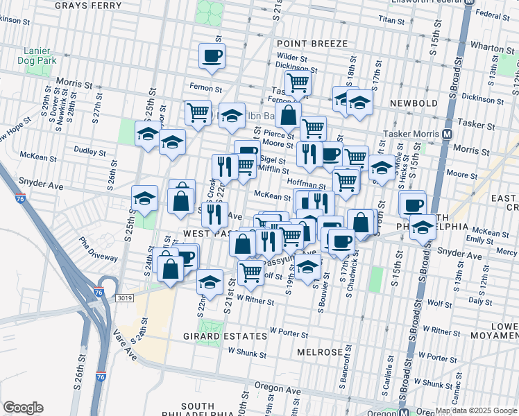 map of restaurants, bars, coffee shops, grocery stores, and more near 2037 Mercy Street in Philadelphia