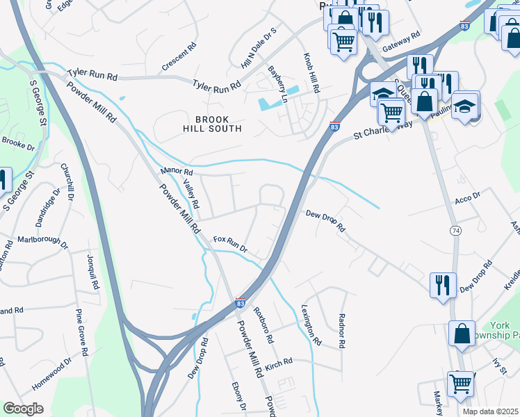 map of restaurants, bars, coffee shops, grocery stores, and more near 15 Deerfield Lane in York