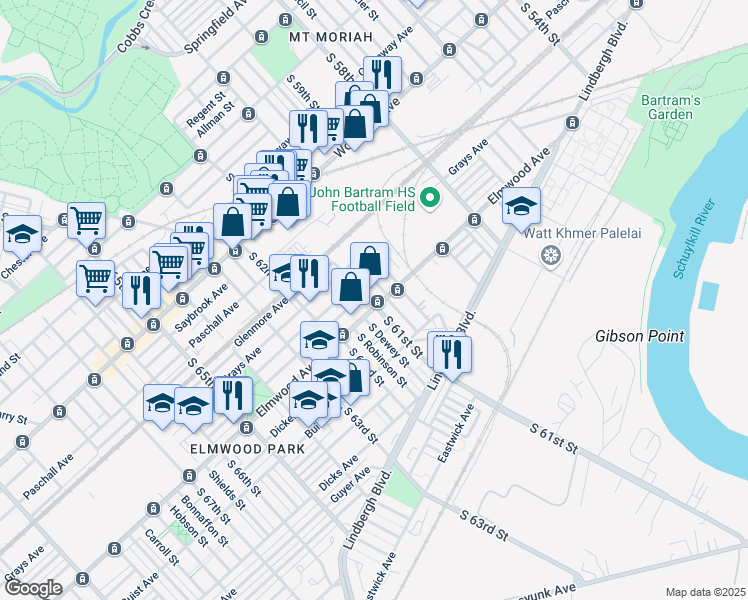 map of restaurants, bars, coffee shops, grocery stores, and more near 6053 Elmwood Avenue in Philadelphia