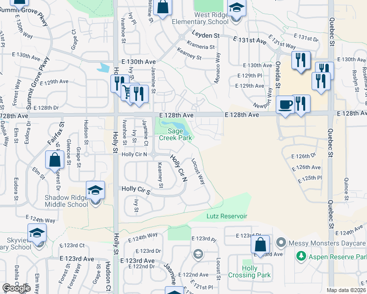 map of restaurants, bars, coffee shops, grocery stores, and more near 12760 Jasmine Street in Thornton