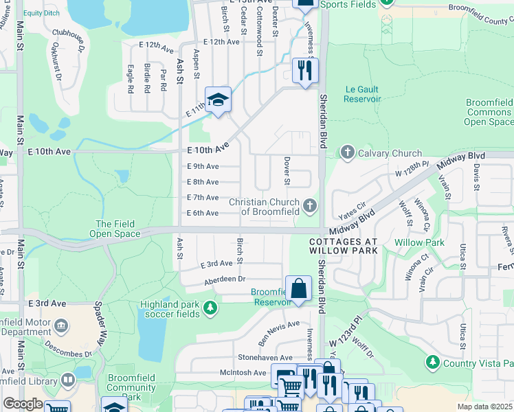 map of restaurants, bars, coffee shops, grocery stores, and more near 731 Cottonwood Drive in Broomfield