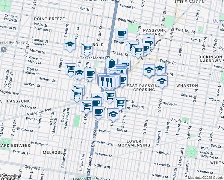 map of restaurants, bars, coffee shops, grocery stores, and more near 1326 Sigel Street in Philadelphia