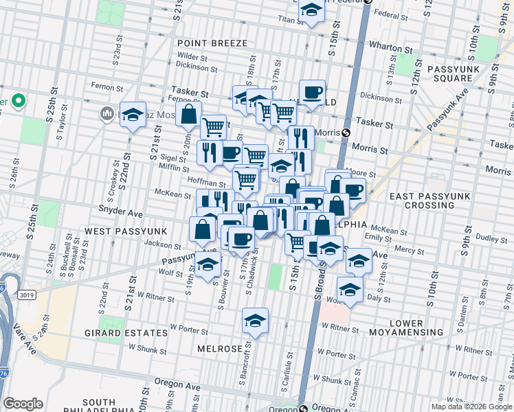 map of restaurants, bars, coffee shops, grocery stores, and more near in Philadelphia