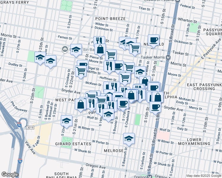 map of restaurants, bars, coffee shops, grocery stores, and more near 1844 Dudley Street in Philadelphia