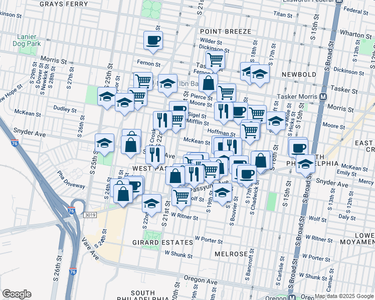 map of restaurants, bars, coffee shops, grocery stores, and more near 2037 Mercy Street in Philadelphia