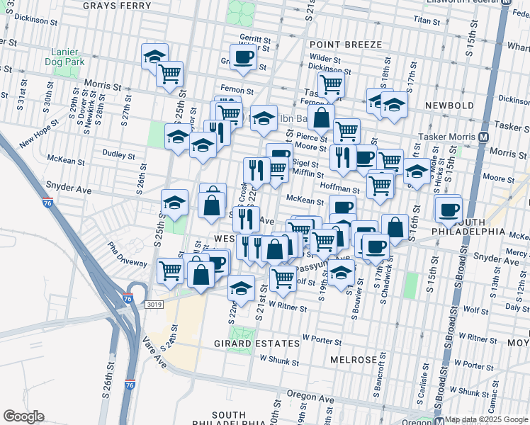map of restaurants, bars, coffee shops, grocery stores, and more near 2040 South Norwood Street in Philadelphia