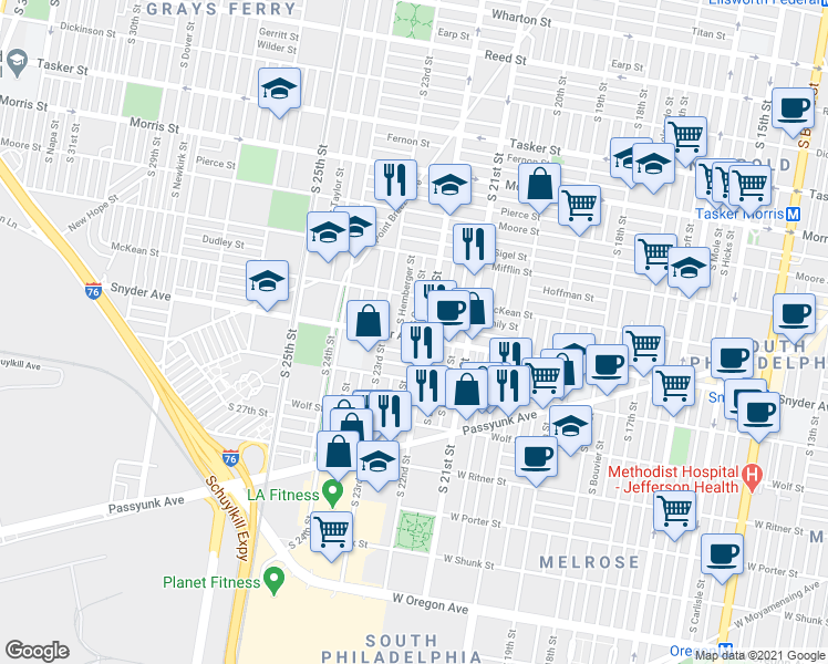 map of restaurants, bars, coffee shops, grocery stores, and more near 2013 South Croskey Street in Philadelphia