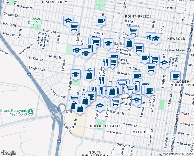 map of restaurants, bars, coffee shops, grocery stores, and more near 2013 South Croskey Street in Philadelphia