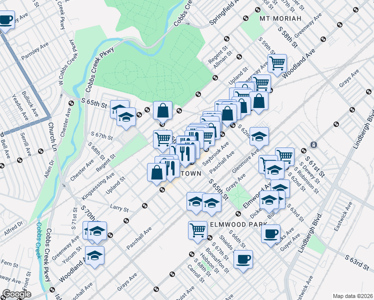 map of restaurants, bars, coffee shops, grocery stores, and more near 2024 South Simpson Street in Philadelphia