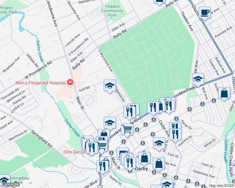 map of restaurants, bars, coffee shops, grocery stores, and more near 1355 Edgehill Road in Darby