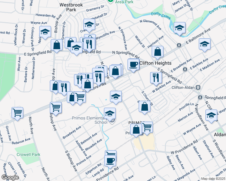 map of restaurants, bars, coffee shops, grocery stores, and more near 300 West Baltimore Pike in Clifton Heights