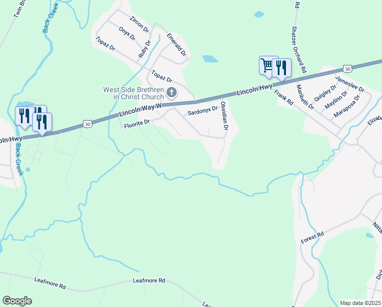 map of restaurants, bars, coffee shops, grocery stores, and more near 176 Diopside Drive in Chambersburg