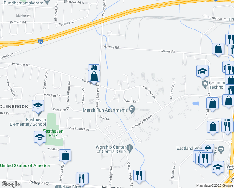 map of restaurants, bars, coffee shops, grocery stores, and more near 2239 Courtside Drive in Columbus
