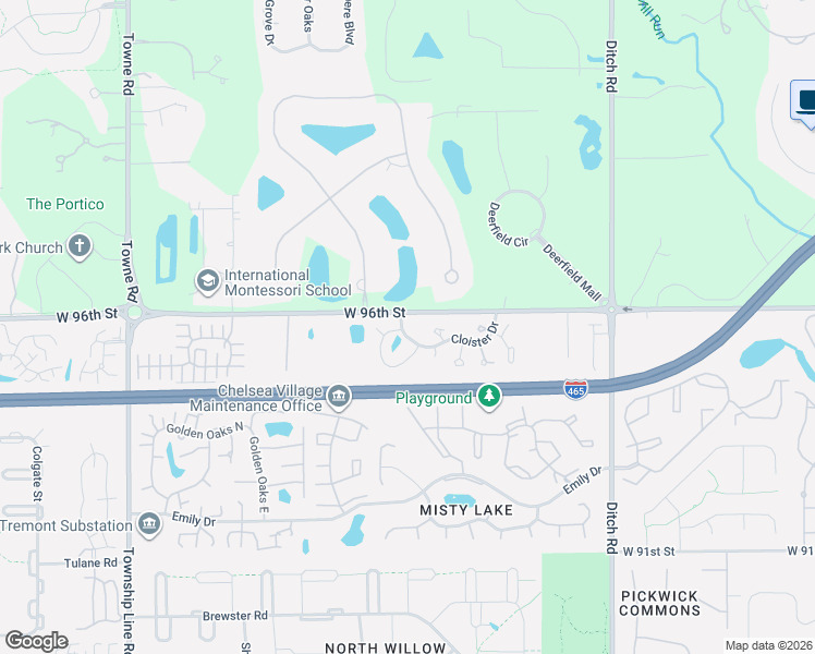map of restaurants, bars, coffee shops, grocery stores, and more near 1800 West 96th Street in Indianapolis