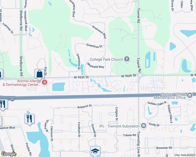 map of restaurants, bars, coffee shops, grocery stores, and more near 2802 West 96th Street in Indianapolis