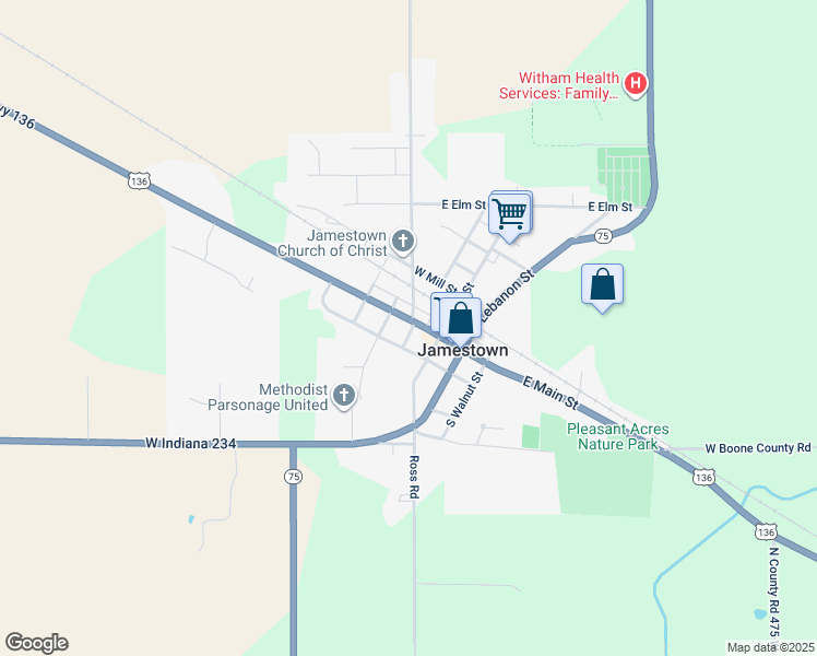 map of restaurants, bars, coffee shops, grocery stores, and more near in Jamestown